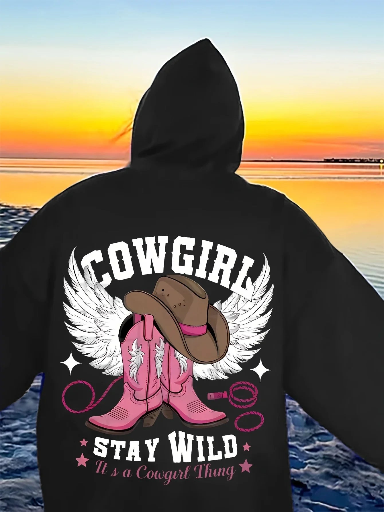 Sweat à capuche western chic pour femme – Pull doux et extensible à manches longues avec capuche brodée d'un chapeau et de bottes de cowboy