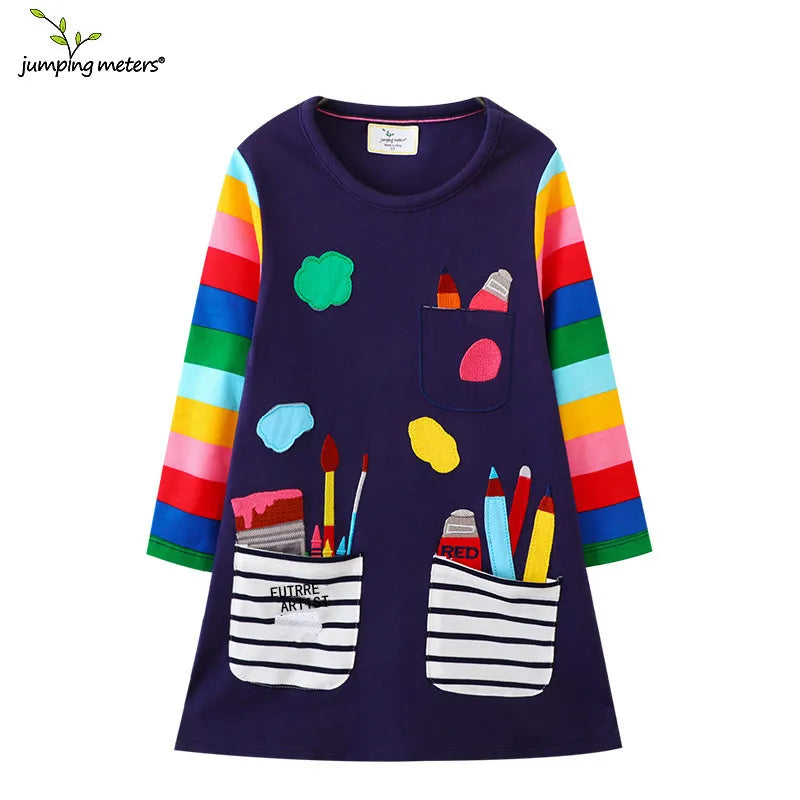 Jumping Meters Paint Brush Children's School Dresses With Pockets Pen Embroidery Long Sleeve Autumn Kids Preppy Style Dress