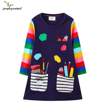 Jumping Meters Paint Brush Children's School Dresses With Pockets Pen Embroidery Long Sleeve Autumn Kids Preppy Style Dress