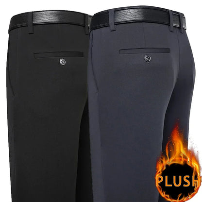 2024 Autumn Winter Men's Thick Warm Fleece Pants Plush Smart Casual Suit Pants Loose Straight Navy Blue Black Pants Trousers