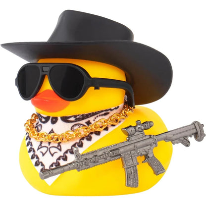 Car Rubber Duck Ornament Cool Car Accessories Duck Car Dashboard Decoration Cowboy Hat Duck with Weapon Necklace, AK47 M416