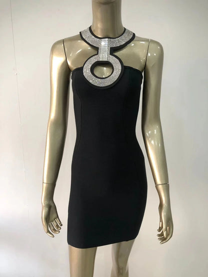 2022 New Bandage Dress Fashion Sexy Halter Neck Diamond Collar Short Skirt Banquet Party Little Black Dress-A1252