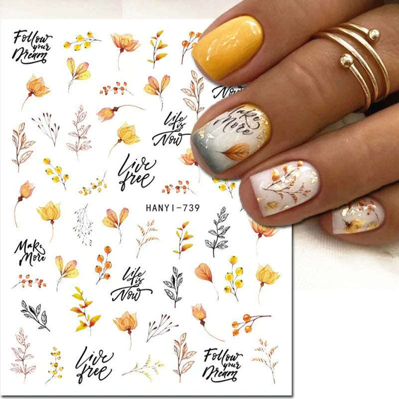 3d Nail Art Stickers Winter Autumn Golden Leaves Red Roses Flowers Decals For Nails Decoration Manicure Salon Beauty