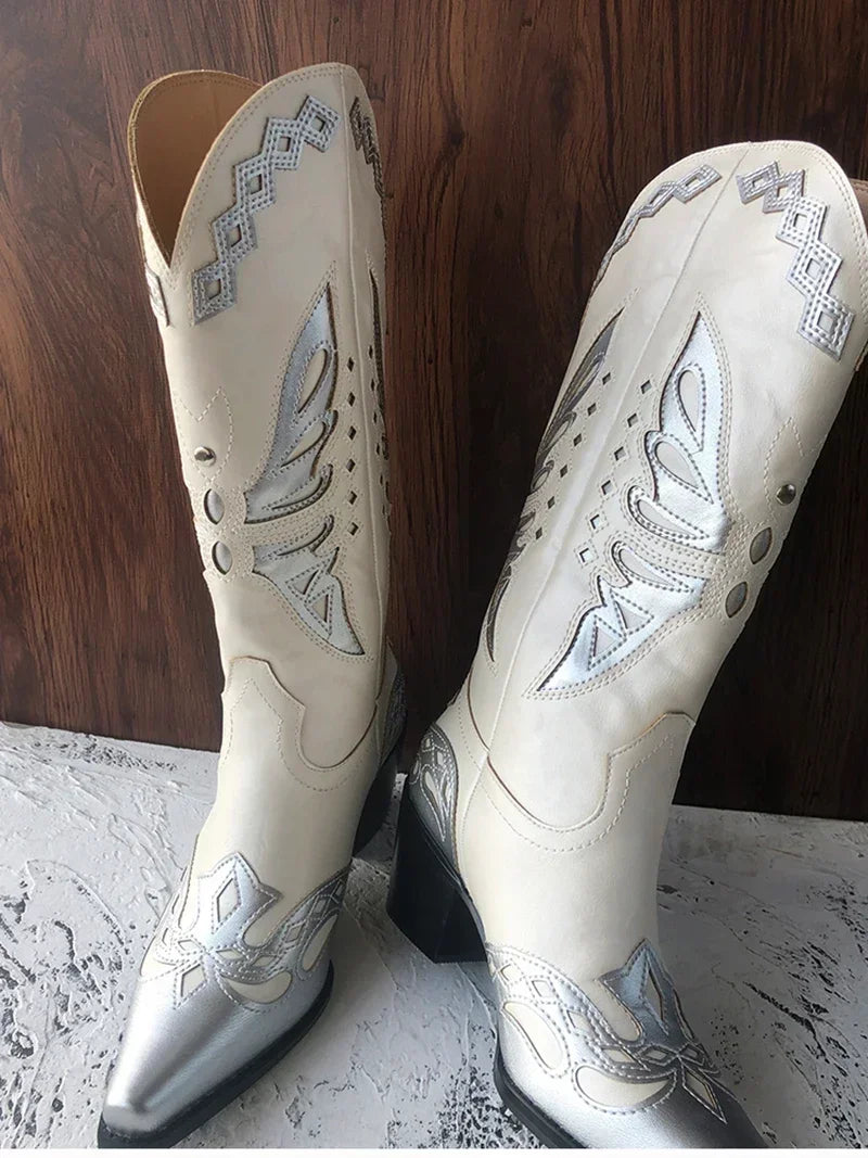 Bottes de cowgirl occidentales brodées vintage pour femmes, chaussures à enfiler, talon carré pour dames, bottes cavalières, mode automne et hiver