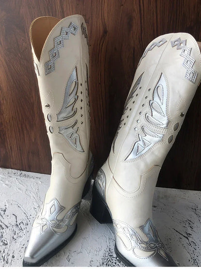 Bottes de cowgirl occidentales brodées vintage pour femmes, chaussures à enfiler, talon carré pour dames, bottes cavalières, mode automne et hiver