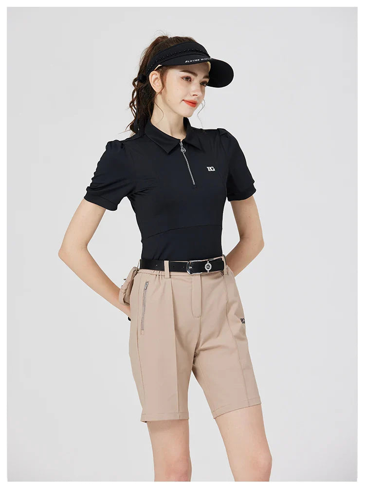 Blktee Slim Zipper Collar Golf Shirts Women Puff Short-sleeved Tops Ladies High Waist Golf Skirts Pleated Skorts with Ball Bag