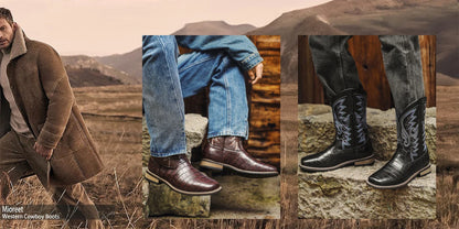 Bottes de cowboy pour hommes - Bottes western pour hommes avec broderie, bout carré, talon épais, chaussures rétro classiques durables et à la mode