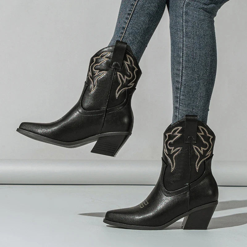 Aneikeh Autumn Winter Vintage Embroidered Large Western Cowboy Boots New Style Coarse Heel Pointed Ankle Barrel Knight Boots