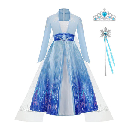 Déguisement Elsa pour Fille, Fête d'Anniversaire, Robe de Princesse Bleue à Manches Longues, Vêtement de Carnaval pour Enfants
