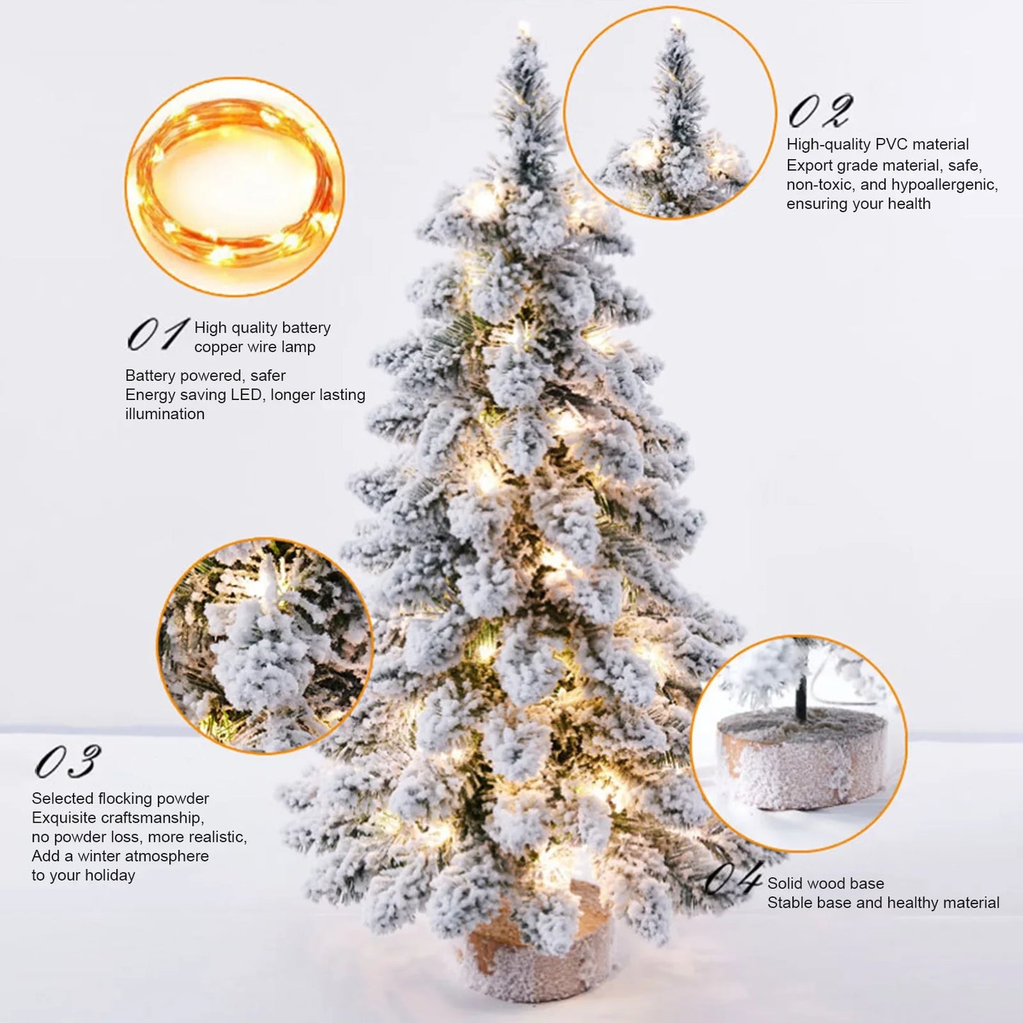 Arbre de Noël nordique de 45/60 cm, ornement d'arbre flocon de neige exquis, arbre floqué lumineux, accessoires de décoration pour le Nouvel An et les fêtes de Noël