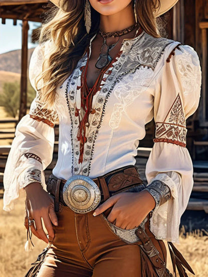 Chemisier Vintage Style Western Femme Top Boho Col Lacé Manches Évasées pour Festival de Musique d'Été Fête Country