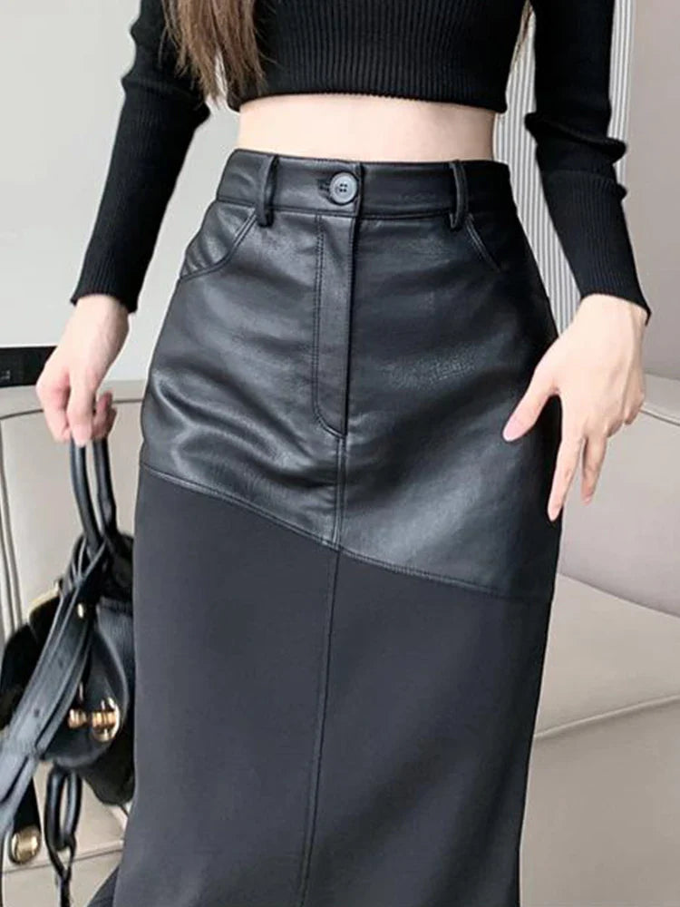 Lautaro Spring Autumn Black Long Midi Patchwork Pu Leather Pencil Skirt Women with Back Slit High Waist Luxury Designer Clothes