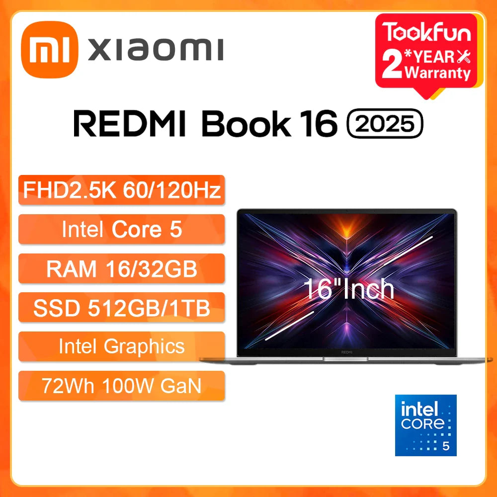 Nouveau PC portable XIAOMI Redmi Book 16 2025 16" 2.5K FHD 120Hz Intel Core 5 210H 220H 32Go SSD 1To Ordinateur PC portable Ultrabook