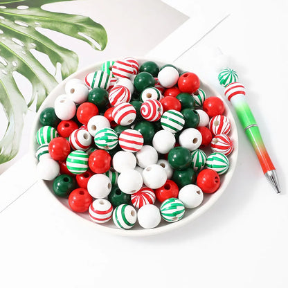 iYOE 20pcs 16mm Candy Pattern Red Green Stripes Solid Colored Spacer Wooden Beads for Jewelry Making Christmas Necklace Bracelet
