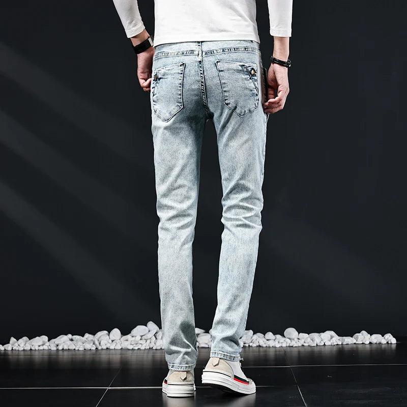 Slim Skinny Jeans Men New Elastic Korean Design Fashion Multi-Button Blue White Vintage Wash Cotton Stretch Denim Pants Trousers