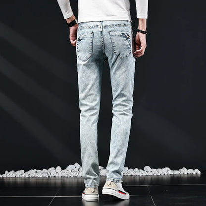 Slim Skinny Jeans Men New Elastic Korean Design Fashion Multi-Button Blue White Vintage Wash Cotton Stretch Denim Pants Trousers