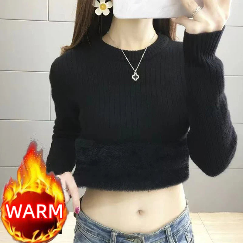 Turtleneck Winter Sweater Women Elegant Thicken Velvet Lined Warm Sueter Fleece Knitted Pullover Slim Top Jersey Knitwear Jumper