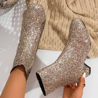 Fashion Gold Sequin Ankle Boots Women 2025 Large Size Zipper Chunky Heel Boots Woman Streertear Shiny Short Booties Mujer 36-43