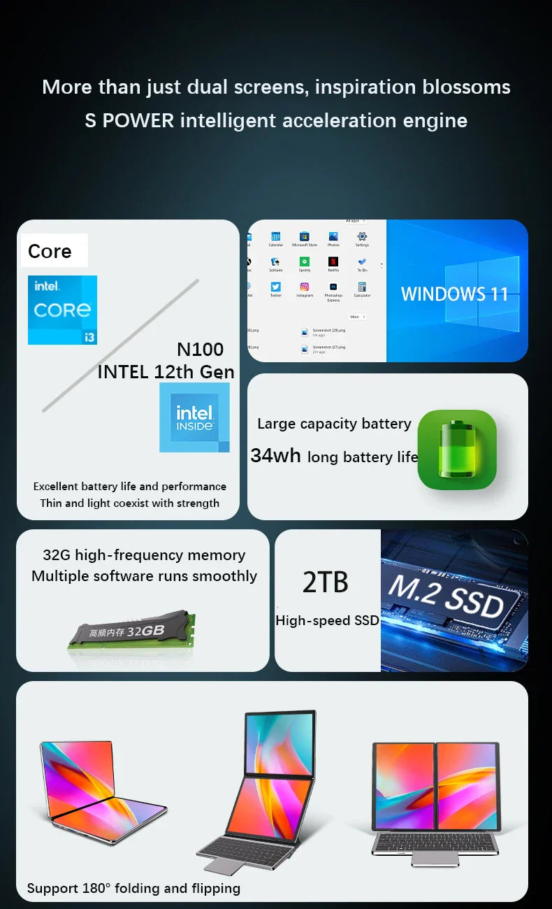 New Dual Screen Laptop Intel i3 1215U N100 Dual 10.95 Inch IPS Touch Screen Windows 11 Office Computer Tablet Notebook WiFi 6