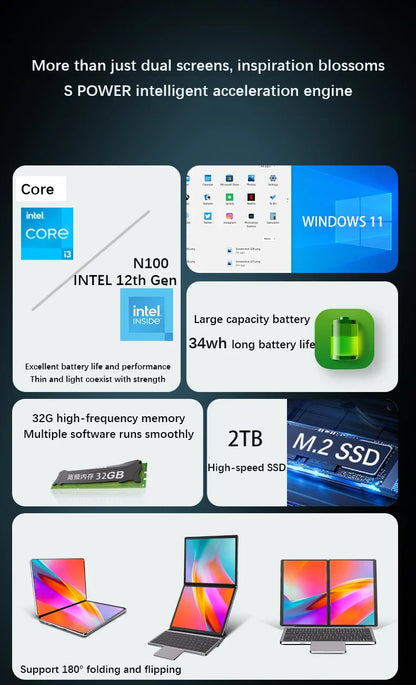 New Dual Screen Laptop Intel i3 1215U N100 Dual 10.95 Inch IPS Touch Screen Windows 11 Office Computer Tablet Notebook WiFi 6