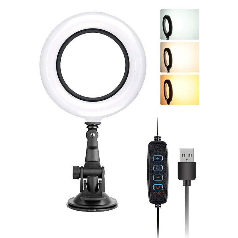 LED Ring Light with Tripod and Suction Cup for Selfie, 16cm, Portable USB Plug, Laptop Lighting, Video Conferencing, Makeup