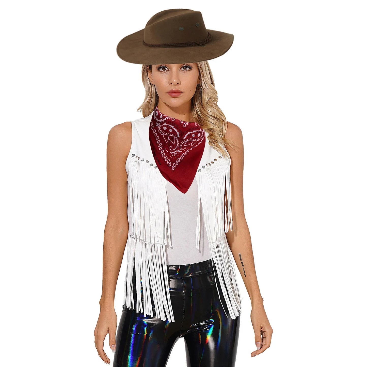 Women Cowboy Vest Halloween Party Western Cowgirl Cosplay Costume Faux Suede Tassel Fashion Rivets Waistcoat with Bandanna Hat
