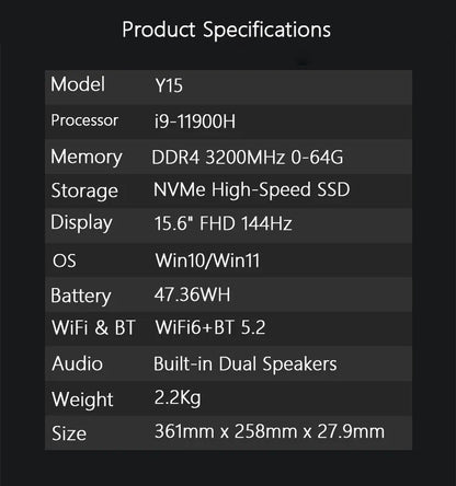 Genmachine Laptop Computer Intel i9 11900H 15.6” 144Hz NVIDIA GeForce RTX 3060 DDR4 M.2 2280 NVME SSD Business Gaming Laptops