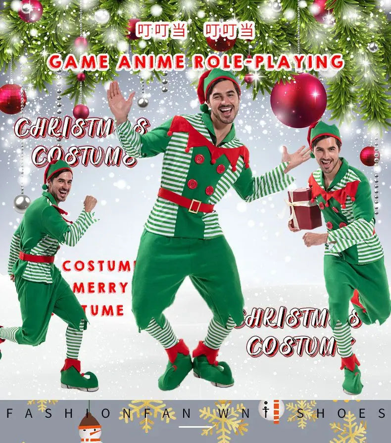 Christmas Outfits Men Striped Christmas Elf Cosplay Costume Xmas Performance Dress Up Festival Party Stage Fancy Dress New