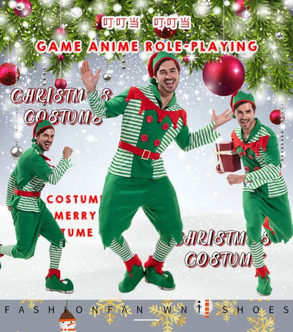 Christmas Outfits Men Striped Christmas Elf Cosplay Costume Xmas Performance Dress Up Festival Party Stage Fancy Dress New