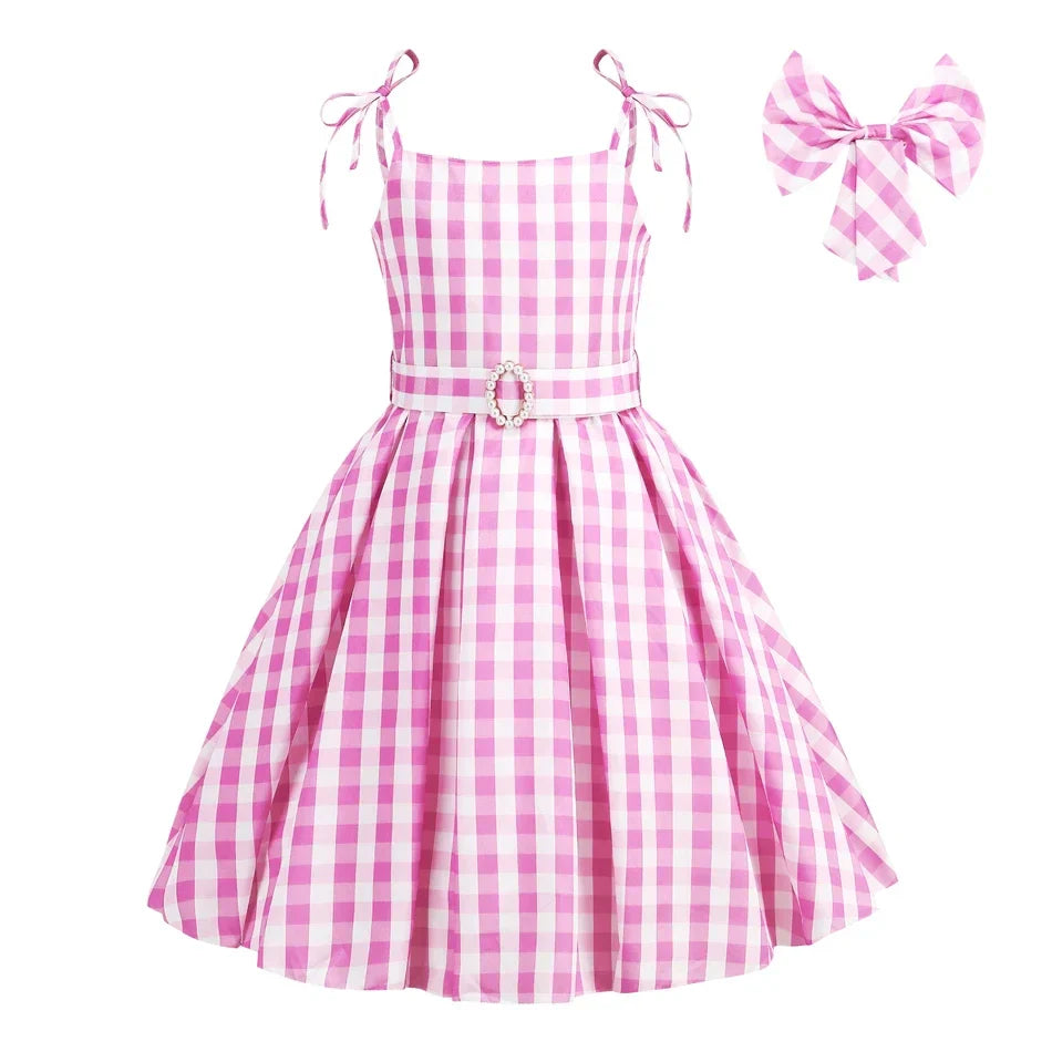 Costume de Cowgirl Robe de Fille Princesse Cosplay Costume Rose à Carreaux Tenue de Plage Anniversaire Halloween Fête Robe pour Enfants