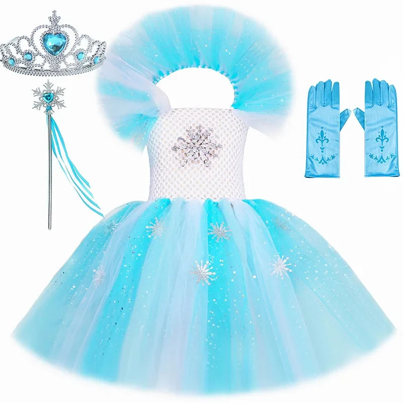 Elsa Costume for Girls Glitter Fancy Princess Dress Up Clothes Snowflake Tulle Tutu Dress Kids Halloween Birthday Dresses Outfit