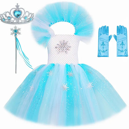 Elsa Costume for Girls Glitter Fancy Princess Dress Up Clothes Snowflake Tulle Tutu Dress Kids Halloween Birthday Dresses Outfit