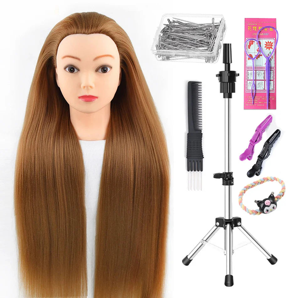 Tête de mannequin à cheveux longs synthétiques avec support de trépied de perruque réglable Modèle avec tête de mannequin Formation de coiffeur coiffant