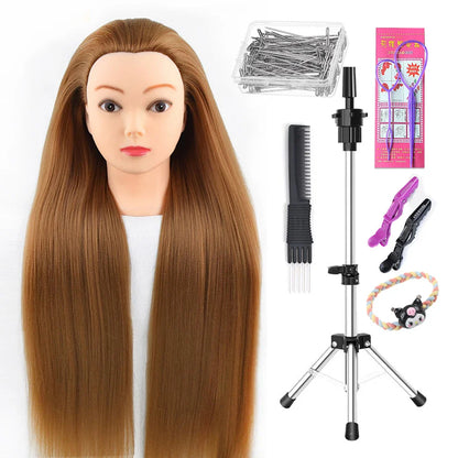 Tête de mannequin à cheveux longs synthétiques avec support de trépied de perruque réglable Modèle avec tête de mannequin Formation de coiffeur coiffant
