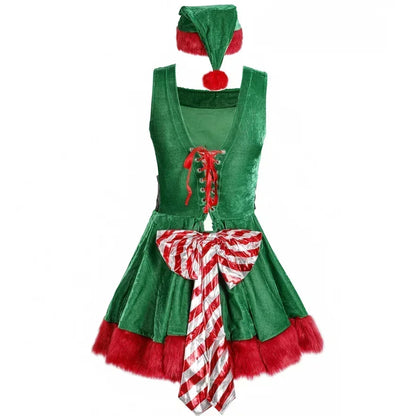 Femmes Sexy Vert Elfe Père Noël Costumes Cosplay Costume de Noël Carnaval Nouvel An Fête Performance Scénique Robe Fantaisie Combinaison