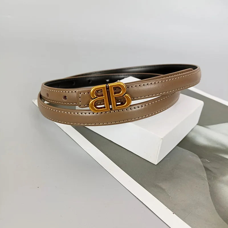 Women's genuine cowhide leather belt, luxury bb bucket, elegant design, denim belt, thin belt