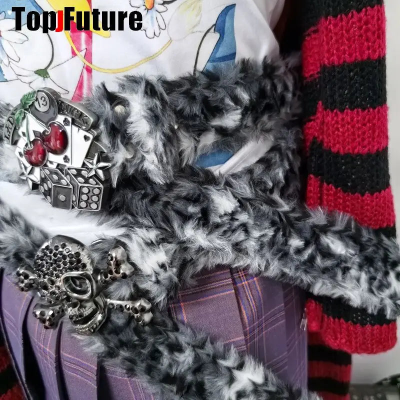 Y2K-Harajuku Western Cowboy Furry Snowleopard Punk Skull Belt, Gift for Women and Men, Girls