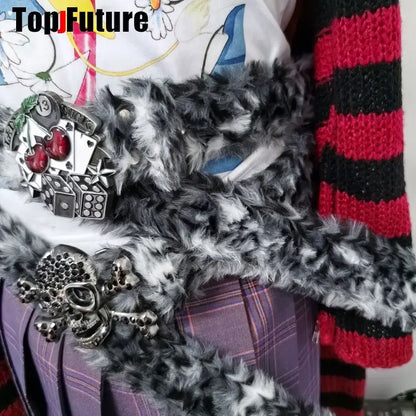 Y2K-Harajuku Western Cowboy Furry Snowleopard Punk Skull Belt, Gift for Women and Men, Girls