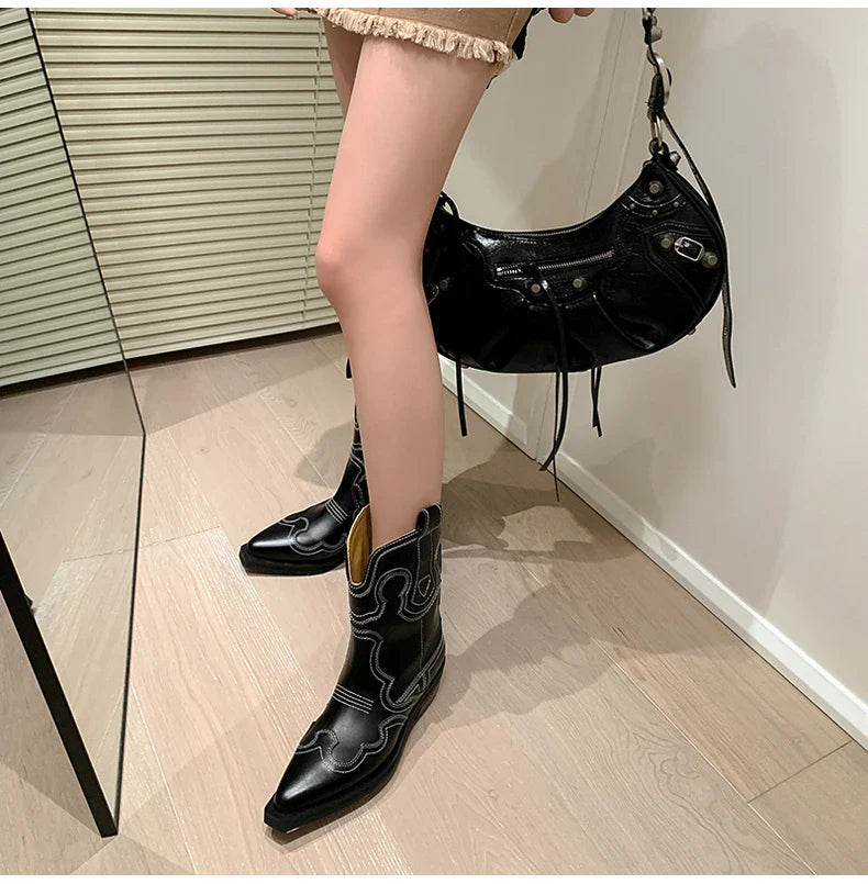 Ods Cowboy Western Boots For Women Real Leather Embroidered Pointed Toe Mid-calf Western Boot Retro Fashion Casual High Quality