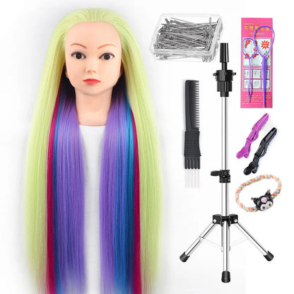 Tête de mannequin à cheveux longs synthétiques avec support de trépied de perruque réglable Modèle avec tête de mannequin Formation de coiffeur coiffant