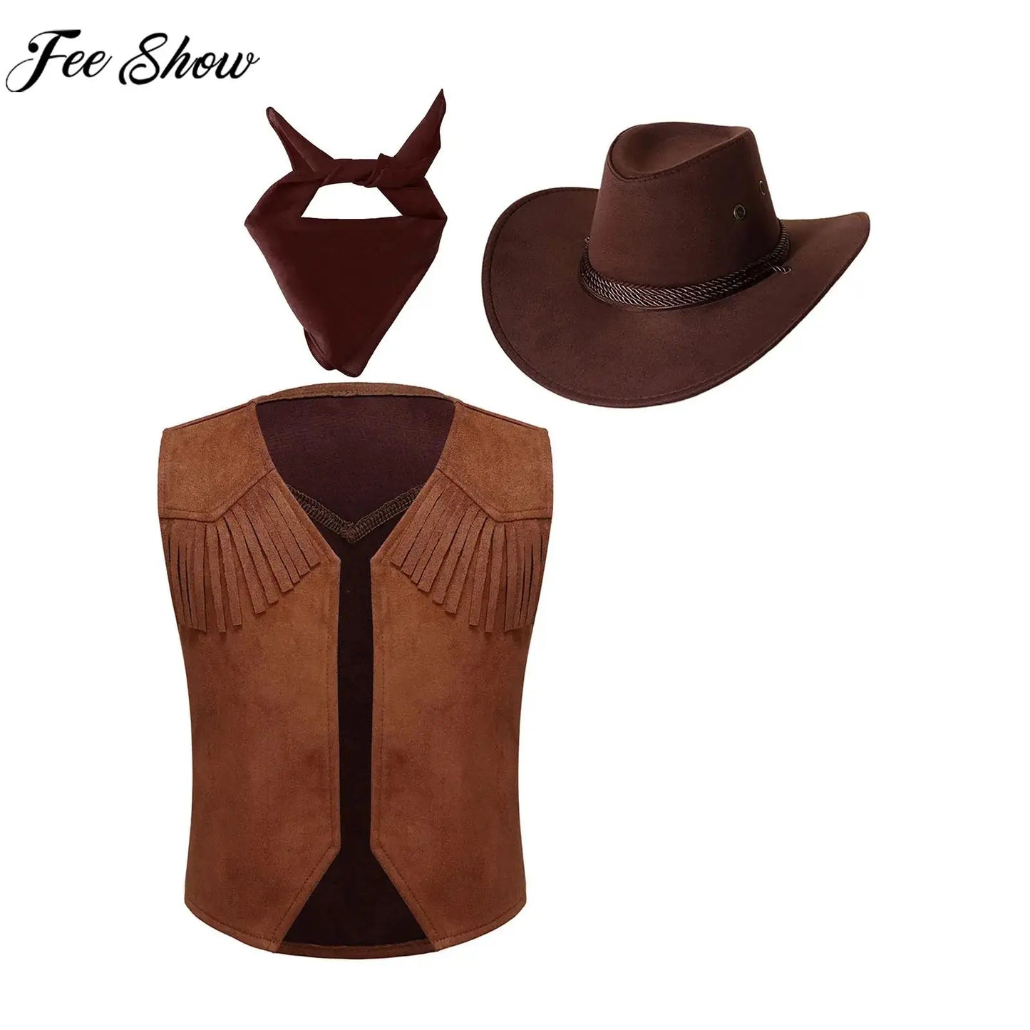 Enfants Halloween Western Cowboy Cowgirl Cosplay Costume Gilet à Franges Rétro avec Bandana et Chapeau pour Fête de Carnaval