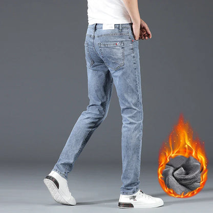 Jean skinny homme polaire hiver chaud uni coréen tendance slim pantalon denim homme épaissi extensible coupe crayon vêtements homme