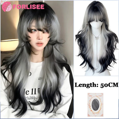 Pink Blonde Highlights Long Wavy Wig Synthetic Colorful Lolita Cosplay Hair Wigs with Bangs for Women Heat Resistant Daily Use