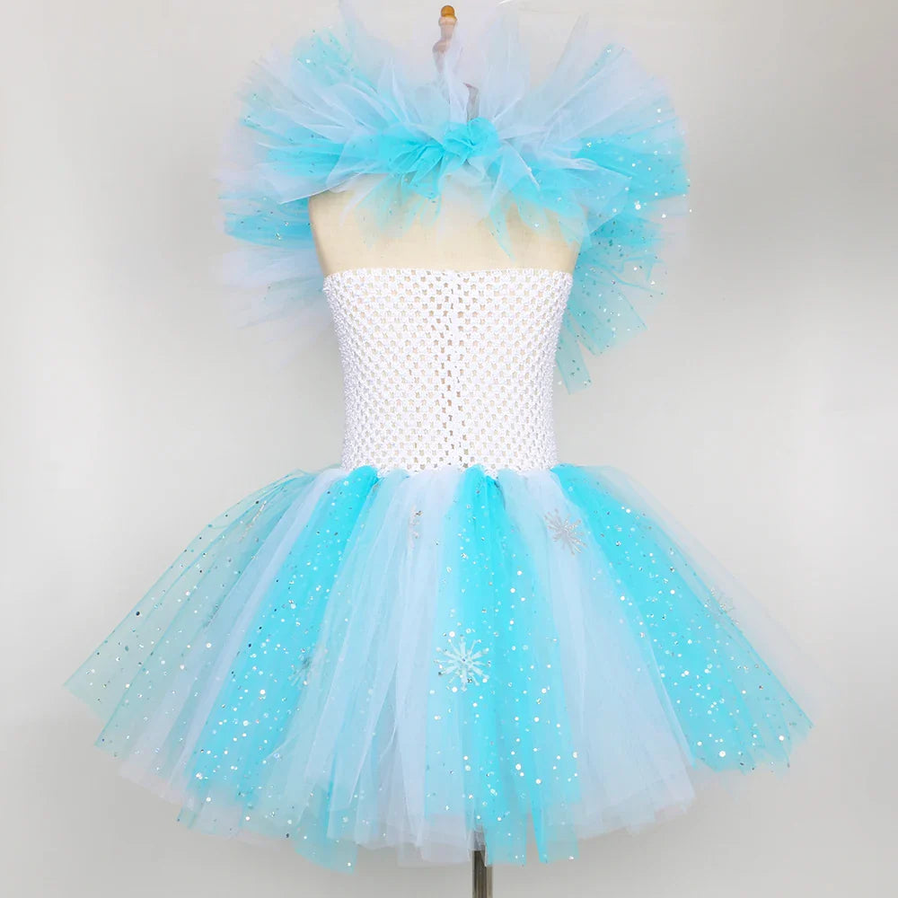 Elsa Costume for Girls Glitter Fancy Princess Dress Up Clothes Snowflake Tulle Tutu Dress Kids Halloween Birthday Dresses Outfit