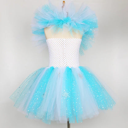 Elsa Costume for Girls Glitter Fancy Princess Dress Up Clothes Snowflake Tulle Tutu Dress Kids Halloween Birthday Dresses Outfit