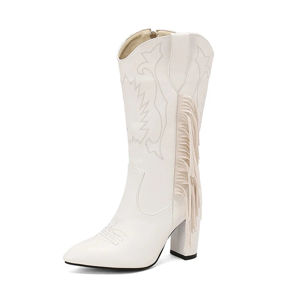 Botas De Mujer bottes De Cowboy occidentales brodées femmes mode pointu gland côté fermeture éclair genou bottes hautes chaussures gothiques 8508