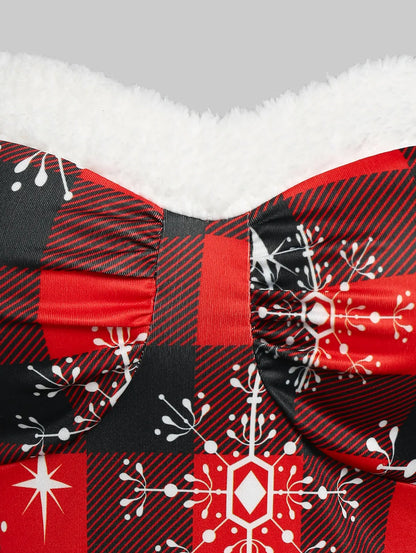 Women's Plaid Christmas Party Dress, Snowflake Print, Fiber Dress, Sweetheart Neck, Christmas Dresses, New, Educational, 2024