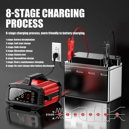 Portable 25A/15A Smart Car Battery Charger for 12V-24V Motorcycle Lead Acid AGM GEL LiFePo4 Batteries Car Booster Pulse Repair
