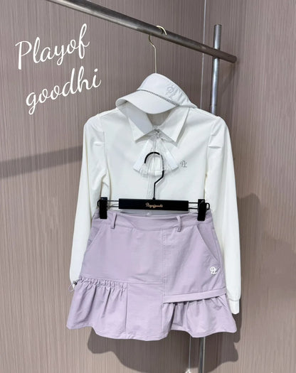 PL Golf Women New Autumn Top Puff Long Sleeve Polo Shirts Elegant Korean Style T-shirts Lady Pleated Golf Cargo Skirt with Short