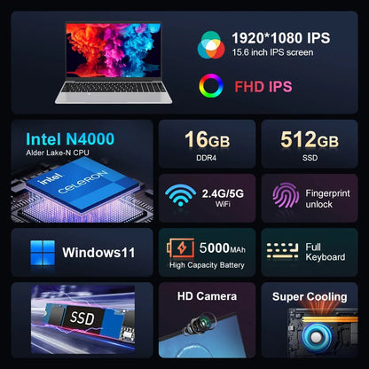15.6" Laptop Computer Intel Celeron N4000 Notebook PC Fingerprint Unlock Windows 11 Pro 16GB DDR4 512GB 1TB SSD HD 1080P Laptops